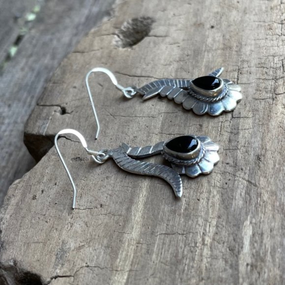 Vintage Old Pawn Native American Sterling Silver Onyx Dangle Drop Earrings - Picture 11 of 12